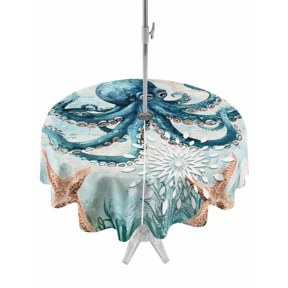 Outdoor Table Cloth with Umbrella Hole and Zipper, Coastal Octopus Waterproof Round Tablecloth 54 Inch, Vintage Teal Nautical Beach Starfish Washable Table Cover for Outside Party Patio Picnic