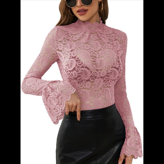 Blusas de Encaje para Mujer, Blusas Transparentes de Larga para Mujer, Blusas Informales Elegantes. Gris Rosado Pálido XXL