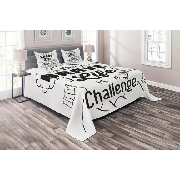 Ambesonne Saying Quilted Coverlet 3 Pcs, Be Brave Themed Slogan, King Size, Black White