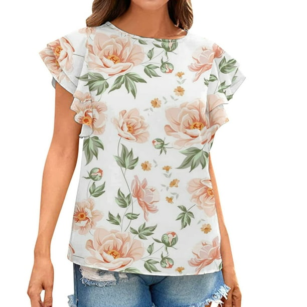 Moda mujer verano casual cuello redondo volantes manga corta impresión tops pullover blusa Pompotops hkajfhjk468046