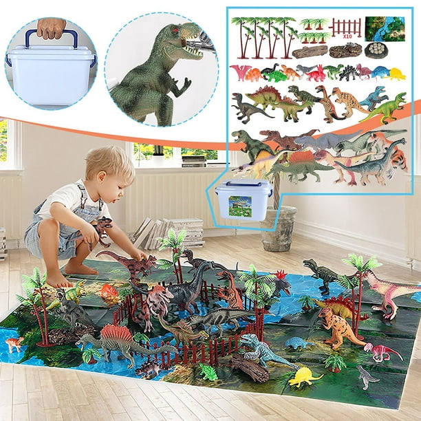 Cbcbtwo Ensemble de 52 jouets de dinosaure, avec grand tapis de jeu d'activité,  dinosaures réalistes, pierre et arbre, monstre de jeux de dinosaure T-Rex,  avec boîte de rangement, cadeau de jouets pour