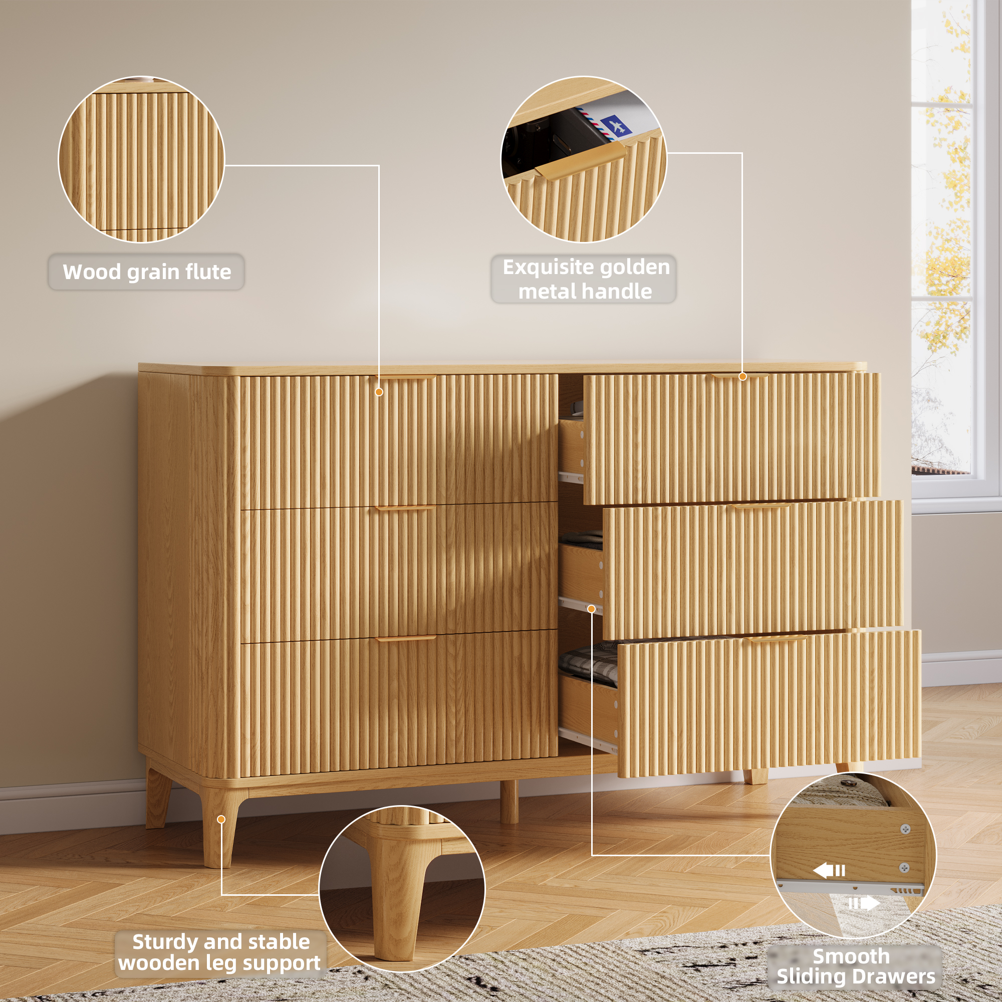 UGTOO 45.2"L 6-Drawers Dresser, Natural Wood Storage Cabinet for Bedroom & Living Room Slim Space-Saving Organizer with Smooth Gliding Drawers, 25 lbs/Drawer Capacity