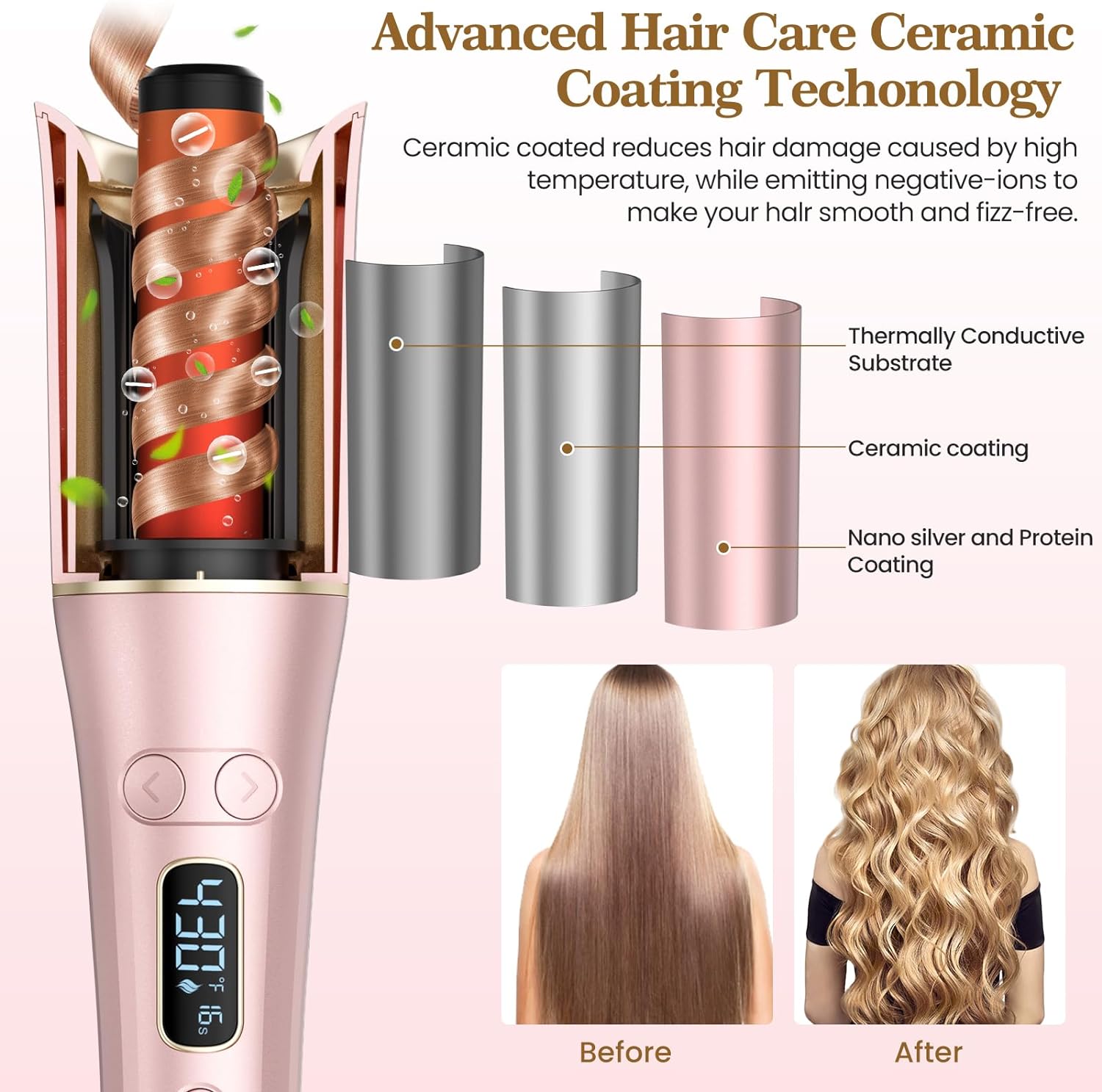 Automatic Hair Curler with 4 Temperature & 3 Timer Settings, Auto-Rotating Ceramic Curling Iron with Anti-Tangle & Anti-Scald Design