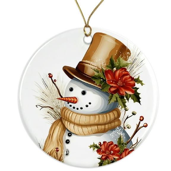 Snowman Ornament - Winter Holiday Christmas Décor - Festive Snowman with Flowers - Unique Gift Idea - Handcrafted Tree Decoration Ceramic Ornament - 3 Inch Christmas Tree Round Ornament ORNW0272