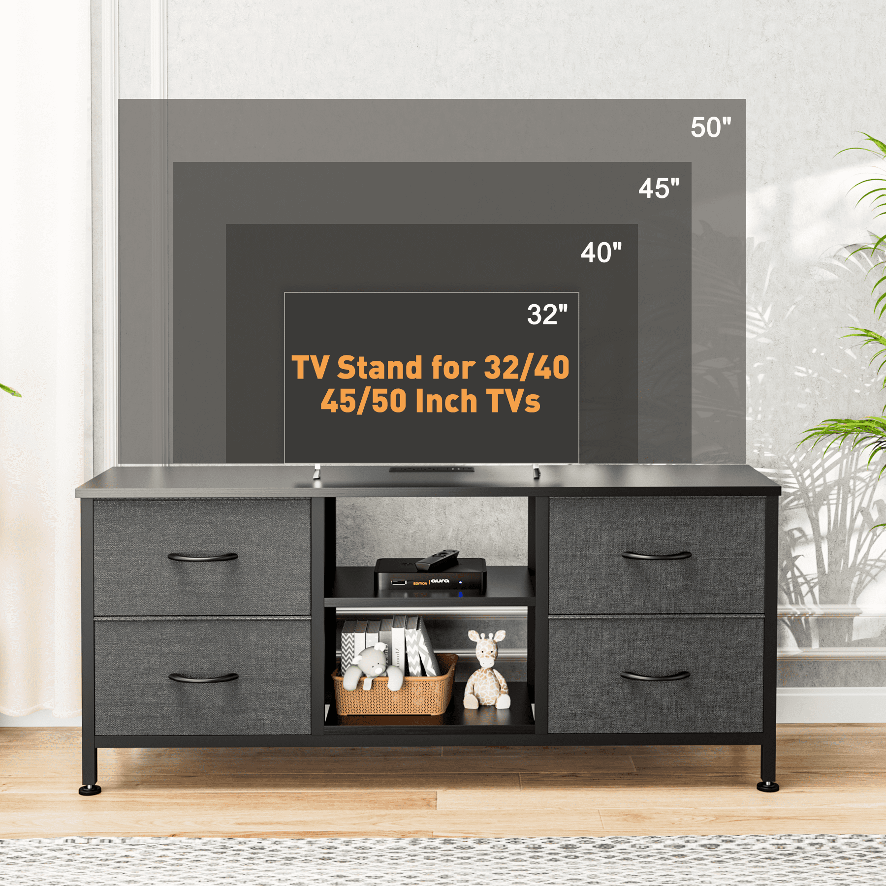 TV Stand for Bedroom, Television Stand for TV up to 50 Inch Entertainment Center Dresser with 4 Drawers Open Storage Shelves for Living Room, Entryway