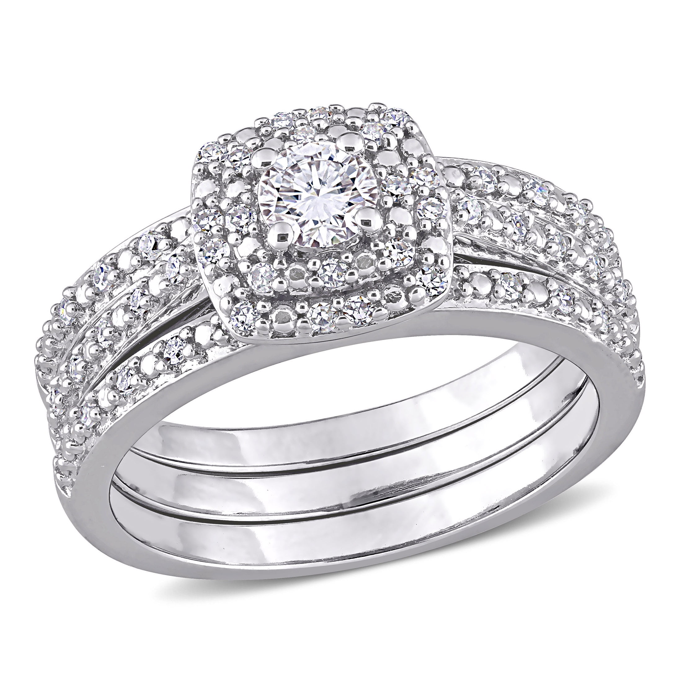 2 CT diamond halo engagement wedding ring band set 14k white gold silver bridal 