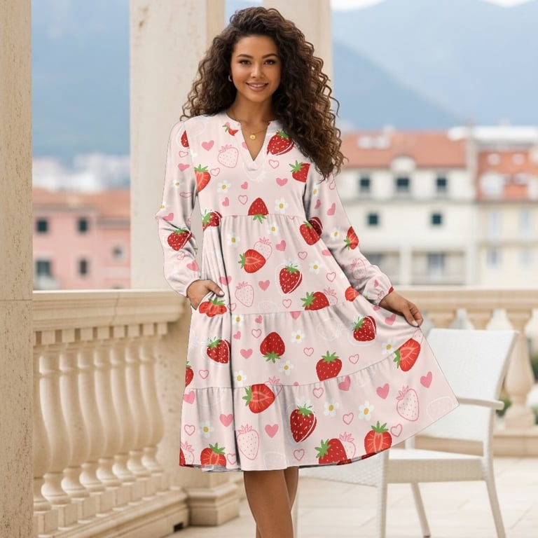 Uorisanigo Casual Midi Dress for Women Patchwork Waist Comfy V Neck Dress Fashion Comfortable Cozy Vacation Outfits, Cute Cherry, Size X-Large Uorisanigo Casual Midi Dress for Women Patchwork Waist Comfy V Neck Dress Fashion Comfortable Cozy Vacation Outfits, Cute Cherry, Size X-Large