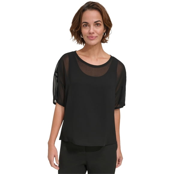 DKNY Womens Chiffon Basic T-Shirt, black, S