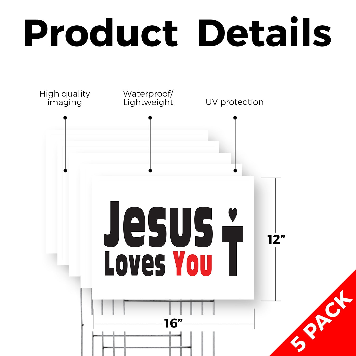 Jesus Loves You Yard Sign 5 Pack of 12 Inch x 16 Inch Double Sided Weatherproof Heavy-Duty Plastic with Stake | Christian Faith, Inspirational Message, Eye-Catching Design | Made in USA