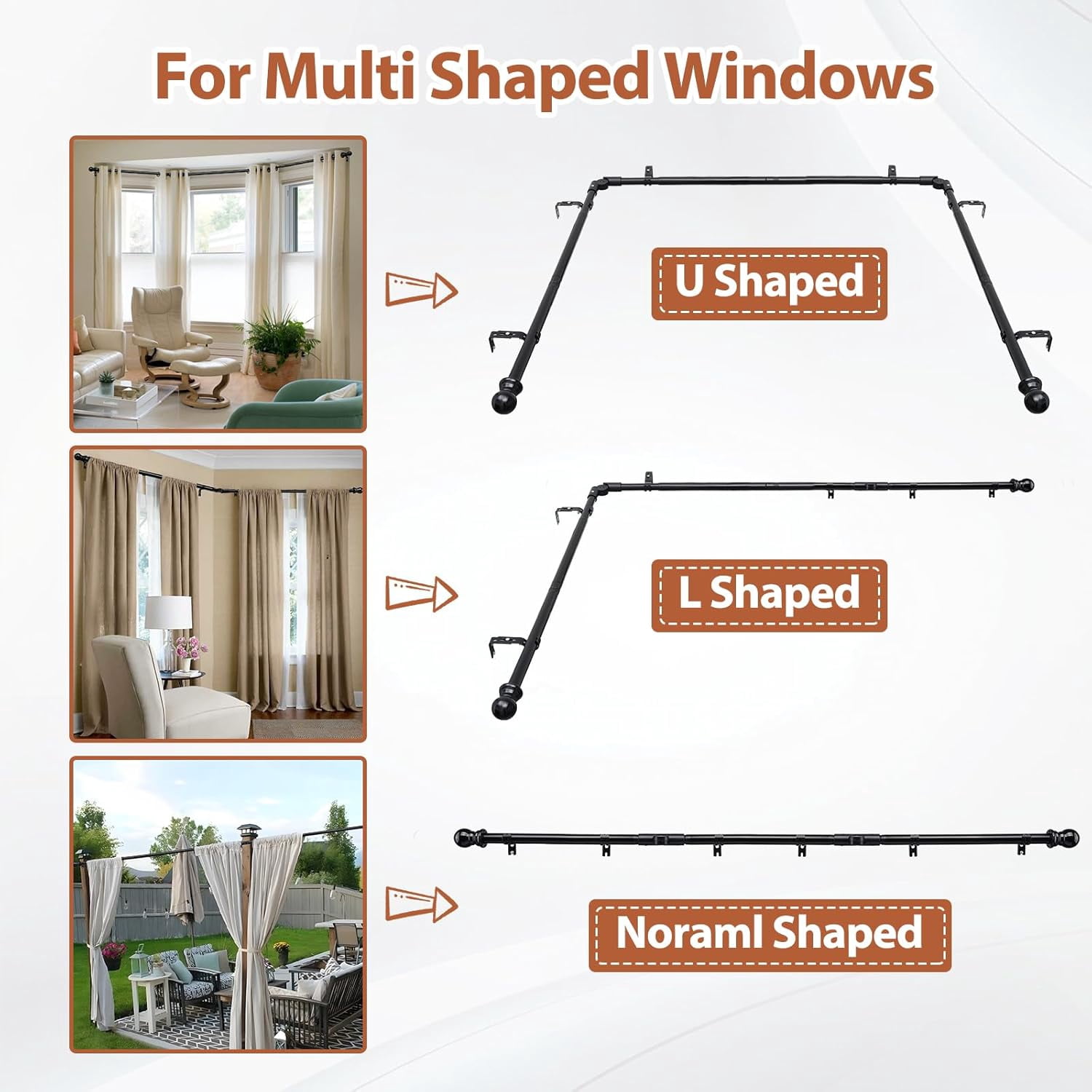 Corner Curtain Rod, 1 Inch Heavy Duty Metal L Shaped Corner window Curtain Rod, 32-136” Adjustable Curved Curtain Rod for Corner Window White