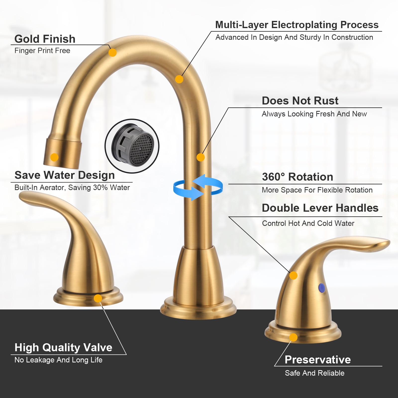 Wowow 2-Handle 6" and 8" Widespread Gold Lavatory Faucet with Supply Hoses & Drain Assembly