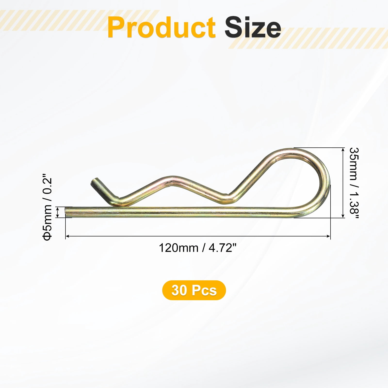 30Pack Hitch Pin Clip, 5x120mm Zinc-Plated Spring Steel Retaining R Clip, Gold