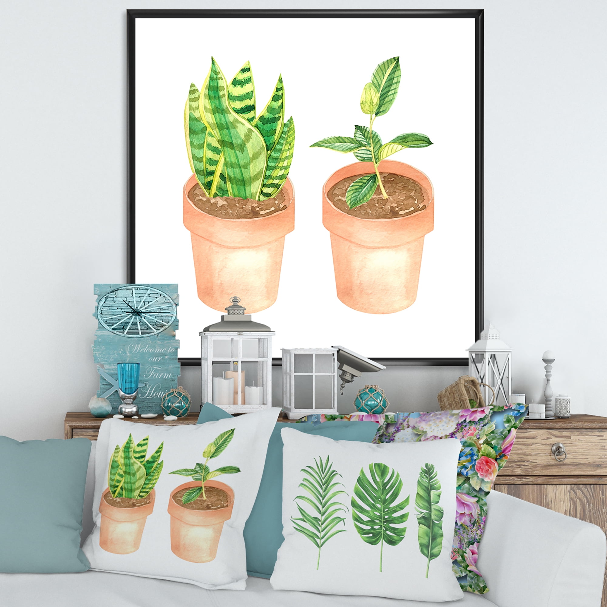 Designart 'Ficus and Sansevieria Indoor Green Home House Plants' Traditional Framed Canvas Wall Art Print