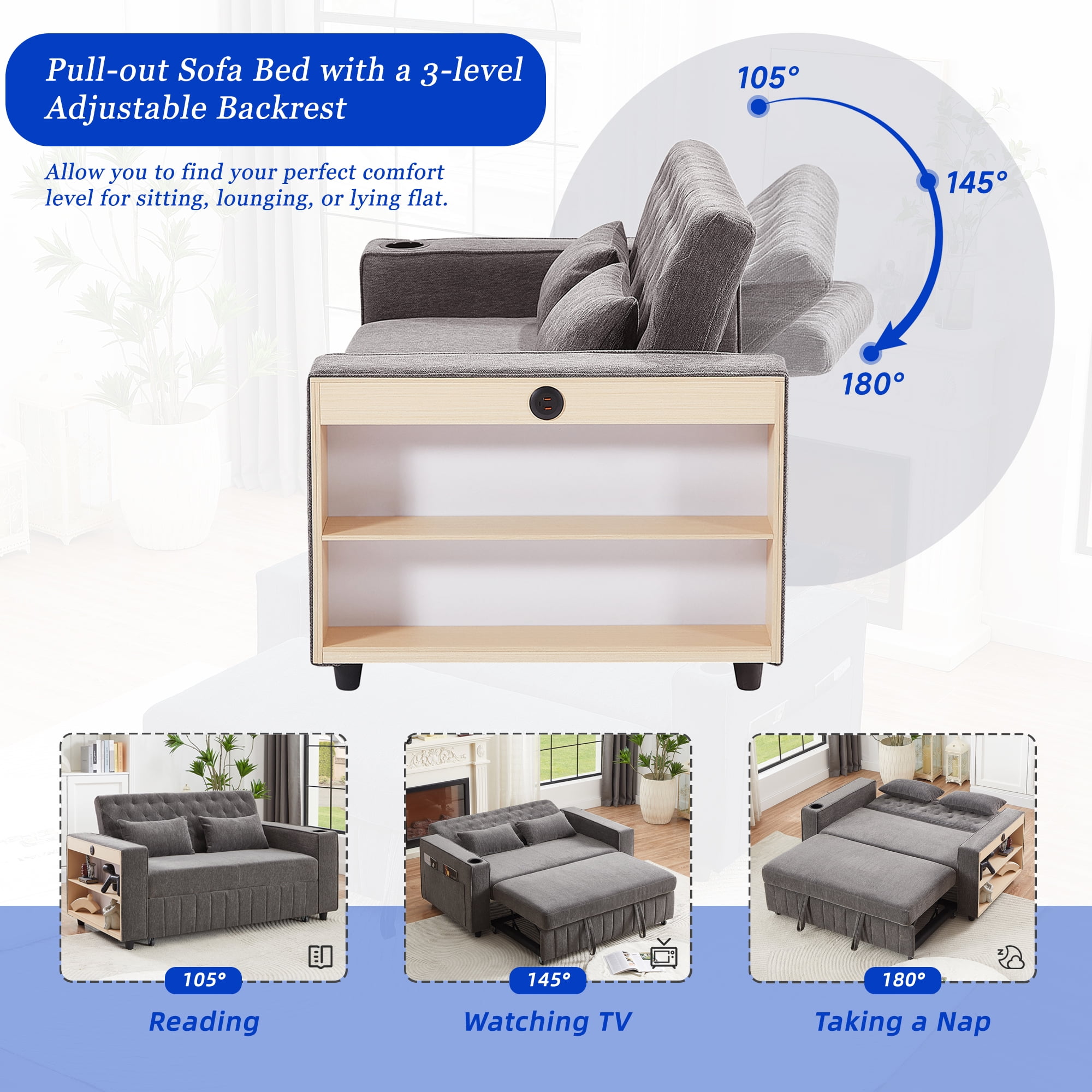 Euroco 61.4" Pull-out Sofa Bed Convertible Couch Loveseat Sofa Modern Sleeper Sofa with Adjustable Backrest for Living Room, Grey