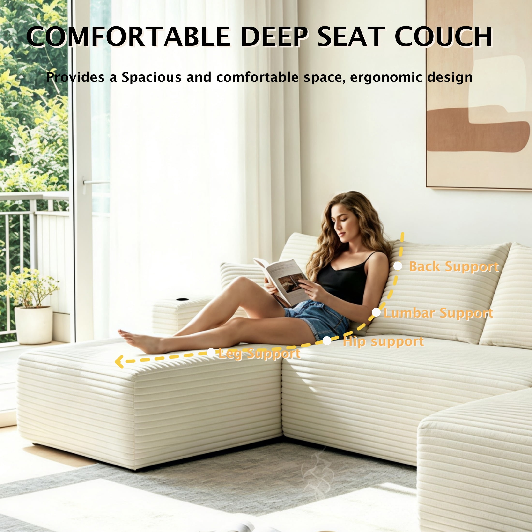 ShiKeyi 134" Modular U-Shaped Cloud Sofa, 5-Seater Corduroy Sectional Couch with Deep Seats Double Chaise & Soft Boneless Design, Beige