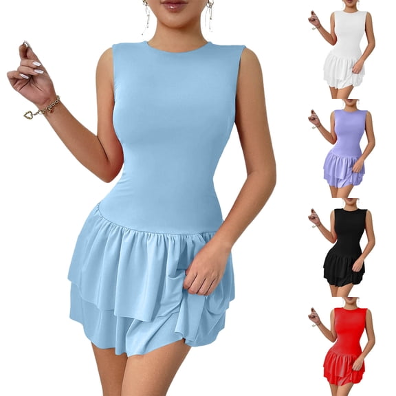 TAGOLD Womens Camis Sleeveless Dress Solid Color Ruffle Hem Ruched Summer Fashion Casual Dress