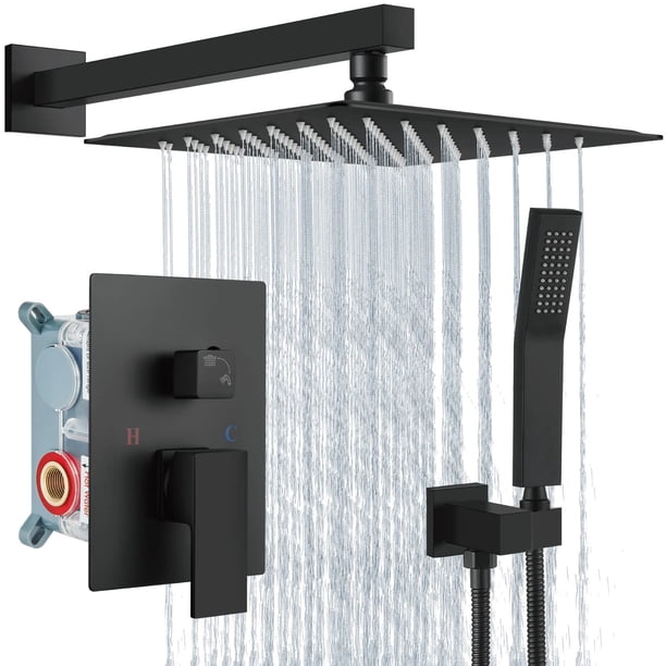 Aolemi Juego de grifo de ducha Sistema de ducha tipo lluvia con rociador de mano Combinación de ducha de baño Válvula empotrada y kit de adornos de ducha incluido Negro mate Cabezal de ducha de montaj