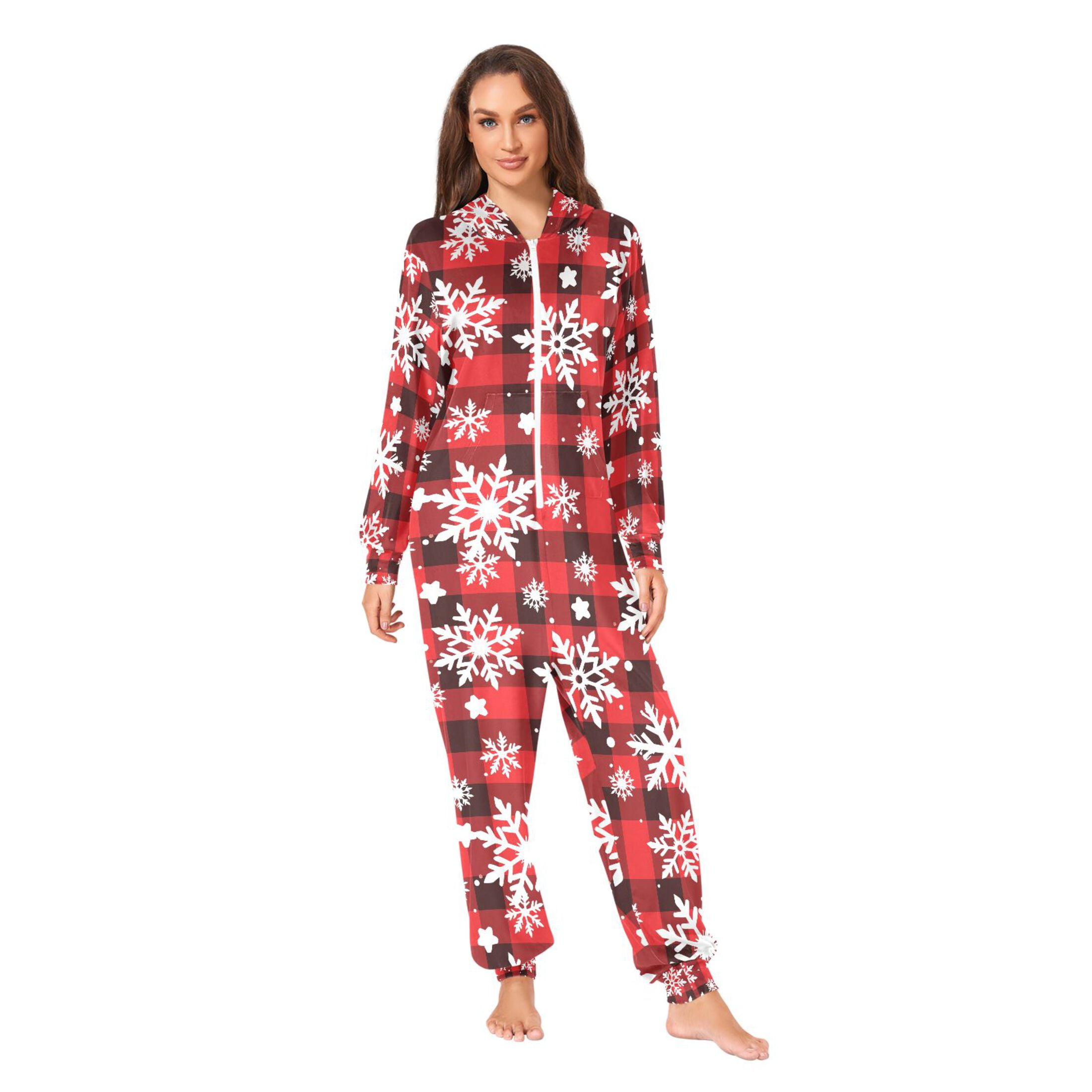 Adult Christmas Onesie Black and White Checkered Snowflake Adult Zipper One-Piece Pajamas Unisex Pajamas with Pockets