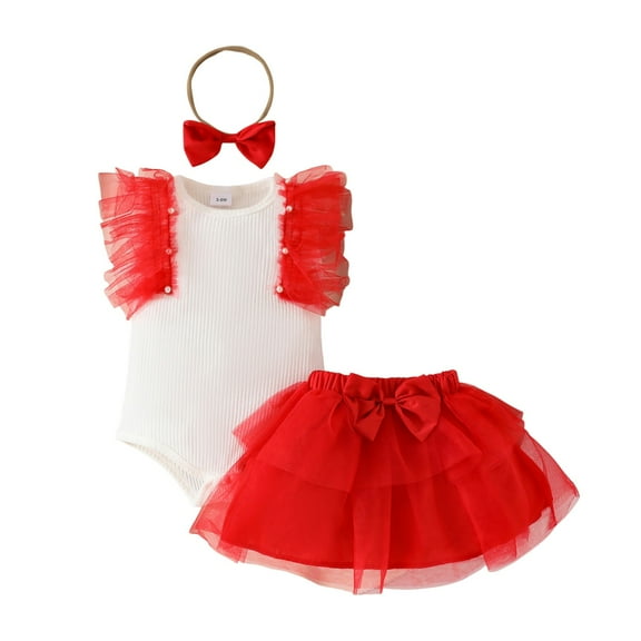Gubotare Baby Cowgirl Outfit Girls Tulle Skirt Set Two Piece Ruffle Sleeve T-Shirt Tutu Dress Summer Birthday Party Outfit 0 3 6 9 12 18 24 Months (Red,Size 6-9 Months)
