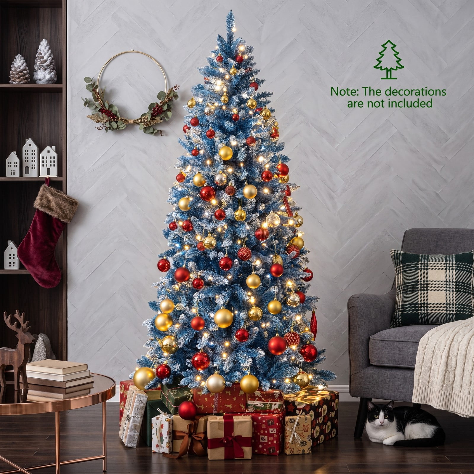 RUIE 6 FT Artificial Christmas Tree, Snowy Blue Pre-Lit Xmas Tree with 767 Branch Tips, 270 Warm White LED Lights, 8 Modes, Foldable Metal Stand for Indoor, Blue