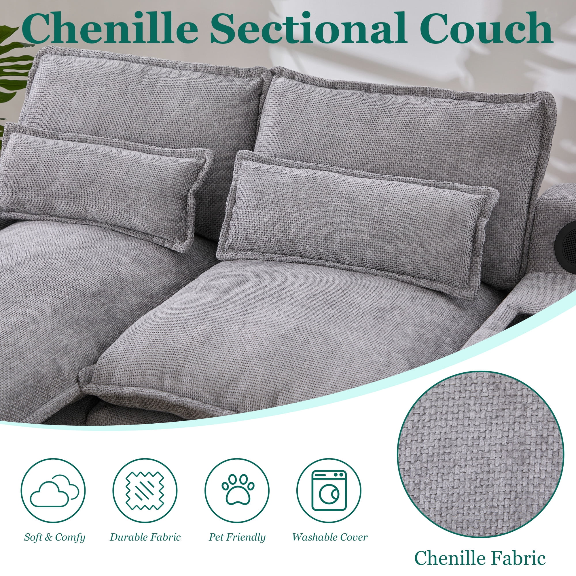 Villeston 126.77" U-Shaped Cloud Sofa With Chaise Lounge, Chenille Sofa With Wireless Charging, Bluetooth Speaker, Two Cup Holders, Storage Drawer, Suitable For Living Room,Gray