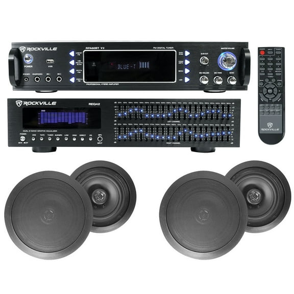 Home Theater Bluetooth Receiver Equalizer EQ (4) 8" Black Ceiling Speakers