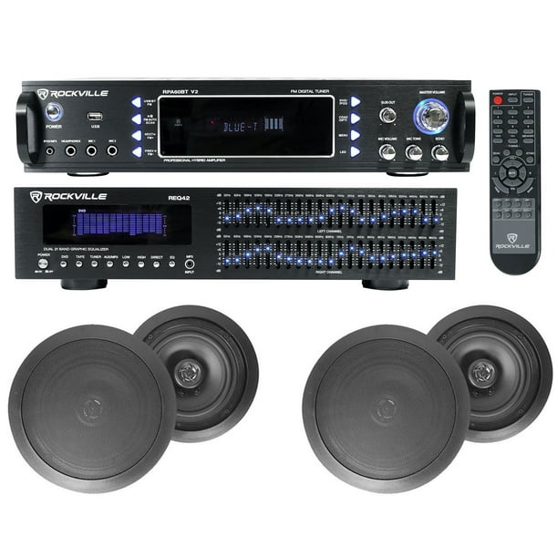 Home Theater Bluetooth Receiver+Equalizer EQ+(4) 8" Black Ceiling Speakers