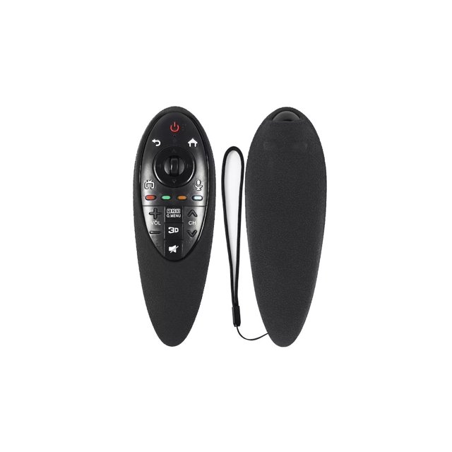 funda de silicona lg magic an-mr500 control remoto antideslizante — vista frontal y posterior de un mando LG Magic con funda de silicón negro texturizado, silueta alargada tipo puntero, apertura frontal que deja ver botones y rueda de navegación, cuerda de muñeca incluida sobre fondo blanco; adecuada para proteger y mejorar el agarre del control.
