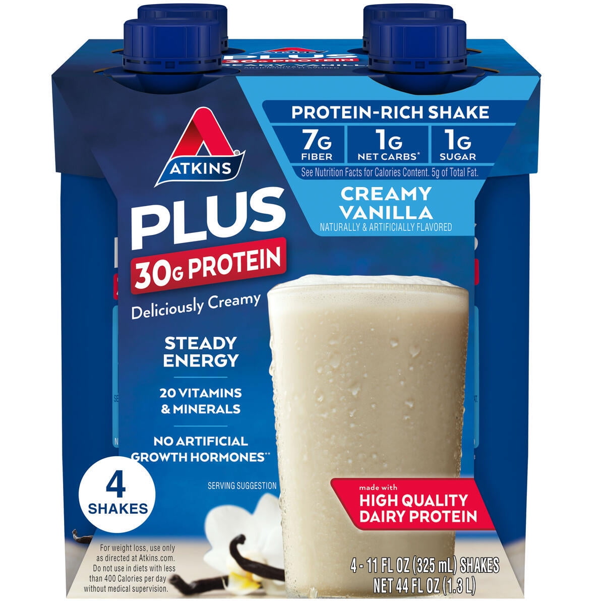 (3 pack) Atkins Creamy Vanilla PLUS Protein Shake, High Protein, Low Carb, Low Sugar, Keto Friendly, 4 Count