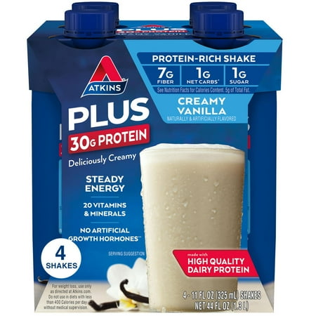 Atkins Creamy Vanilla PLUS Protein Shake, High Protein, Low Carb, Low Sugar, Keto Friendly, 4 Count