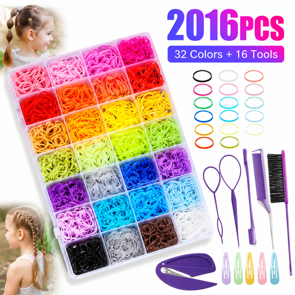 Genreen 32 Colors Small Hair Rubber Bands with 16 Styling Tools, 2000 Pcs Elastic Girl Baby Hair Ties, Mini Bands with Elastic Cutter, Hair Accessories Xmas Stuff