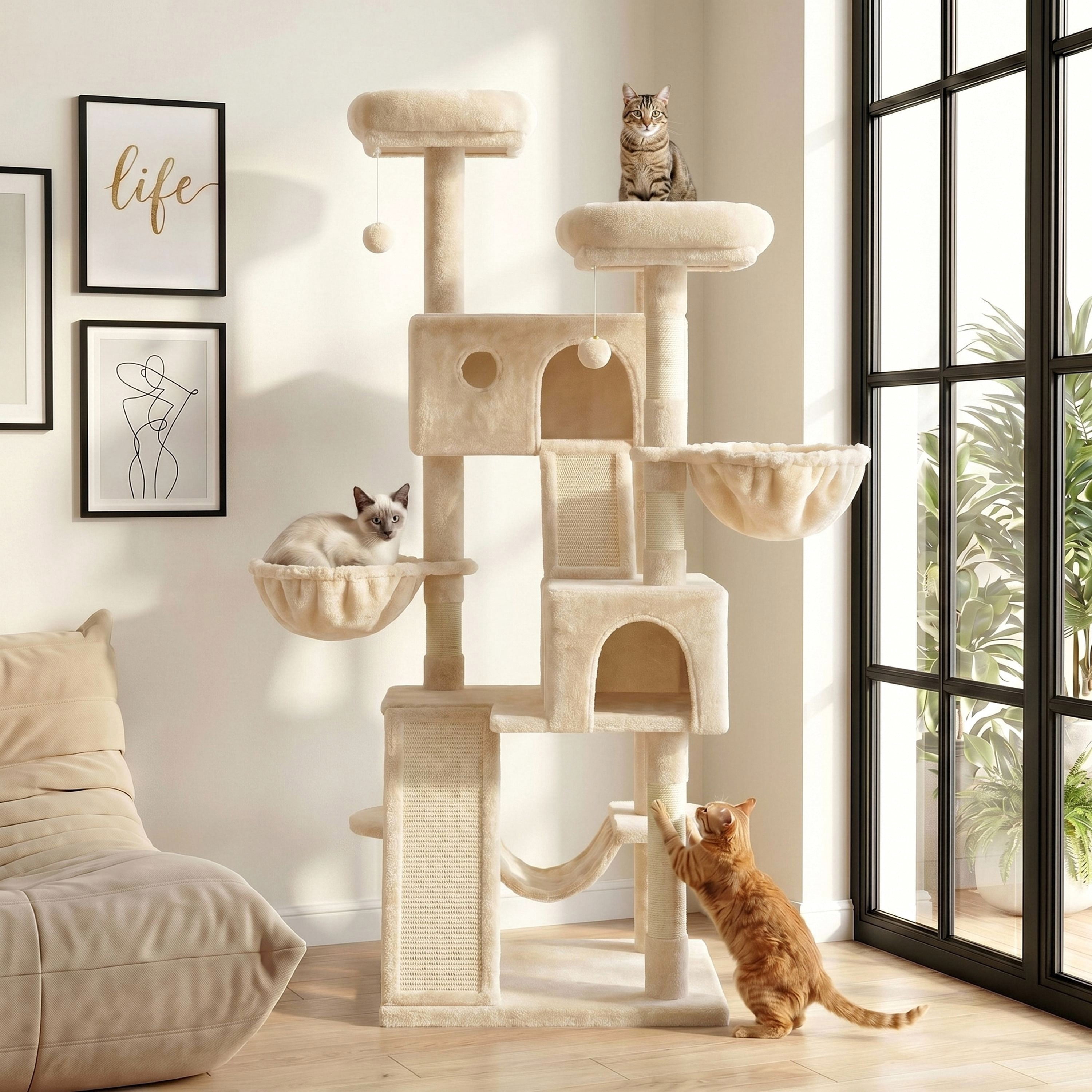 Merrland 65.7 " Large Cat Tree Tower Condo for Cats with 2 Scratching Ramps, Hammock & Scratching Posts, Beige