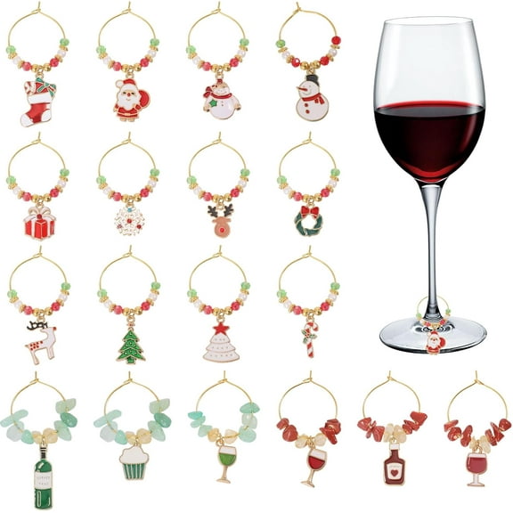 18Pcs Christmas Wine Charm Alloy Enamel Wine Glass Charms Natural Green Aventurine Citrine Wine Glass Charms Decoration