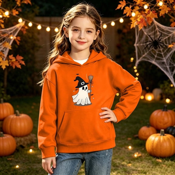 CBASIHI Girls Halloween Hooded Sweatshirts with Pockets Long Sleeve Pullover Ghost Print Casual Cute Fleece Warm Hoodies Orange 4 T-12 T