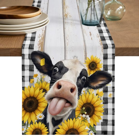 Table Runners 120 Inches Long Dress Scarves, Sunflower Cow Farmhouse Coffee/Dining/Kitchen Table Decor Table Runner for Living Room, Summer Botanical Black Plaid Vintage Wood 13x120 Inch