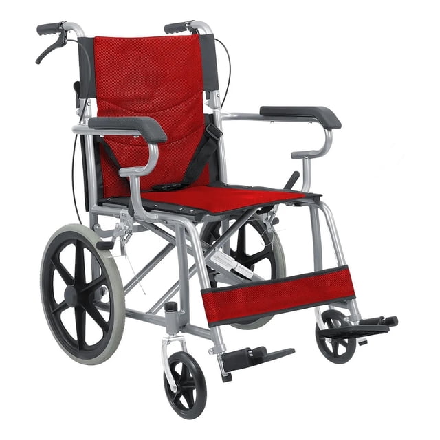 Silla de Ruedas de Traslado Ligera Plegable con Freno 4x4 rojo
