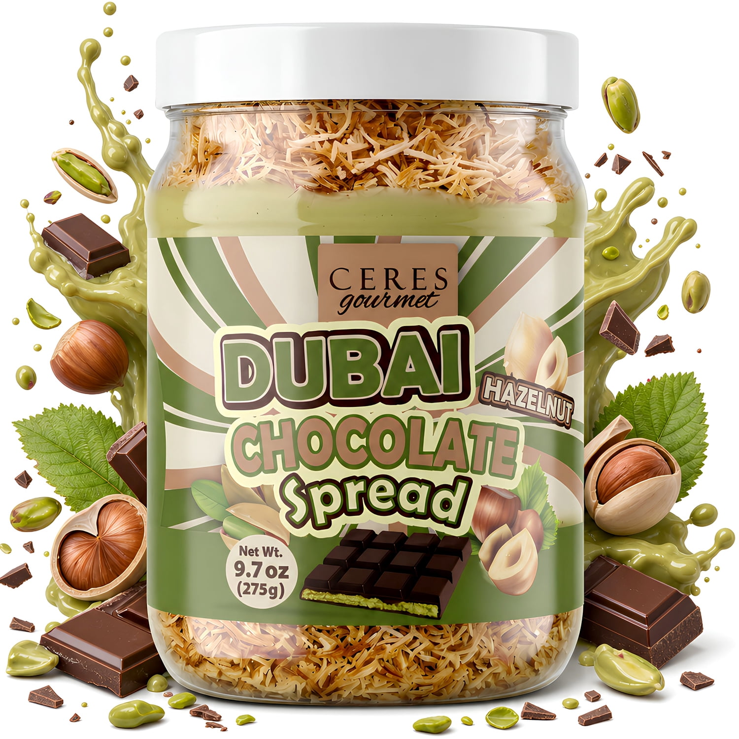Ceres Gourmet Chocolate Spread, Pistachio Cream, Crispy Kataifi Phyllo, Chunky Roasted Hazelnuts, Belgian Chocolate, 1 Pack, 9.7 Oz