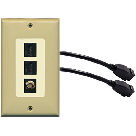 RiteAV (1 Gang Decorative 2 HDMI Black Coax Wall Plate w/Pigtail Extension Cable Ivory (Lt. Almond Insert)