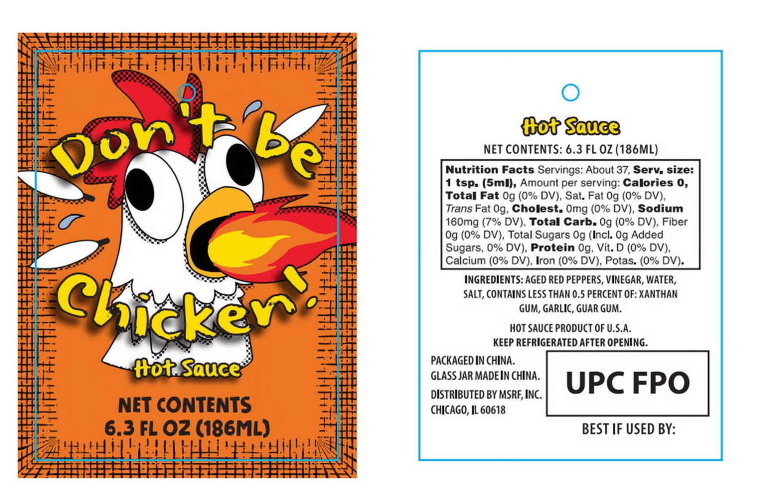 Don't Be Chicken Molded Glass Bottle contains 6.3oz of Red Habanero Hot Sauce Gift from MSRF, Inc.