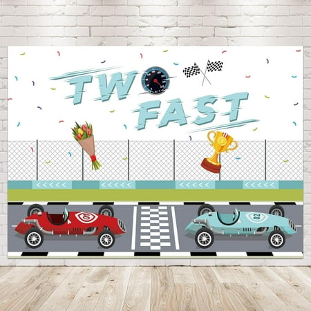 Two Fast Backdrop Photography Happy 2nd Birthday Boys Kids Watercolor Race Car Cartoon Cute Champion Golden Cup Cool Background Bday Party Decorations Banner