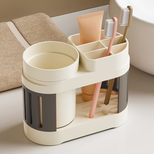Porta Cepillos de Dientes de Plástico con Ranura para Vaso, Estante Organizador Ventilado de Drenaje para Lavabo del Baño, Blanco o Amarillo, 15x12.3x7.3cm, 1 Pieza