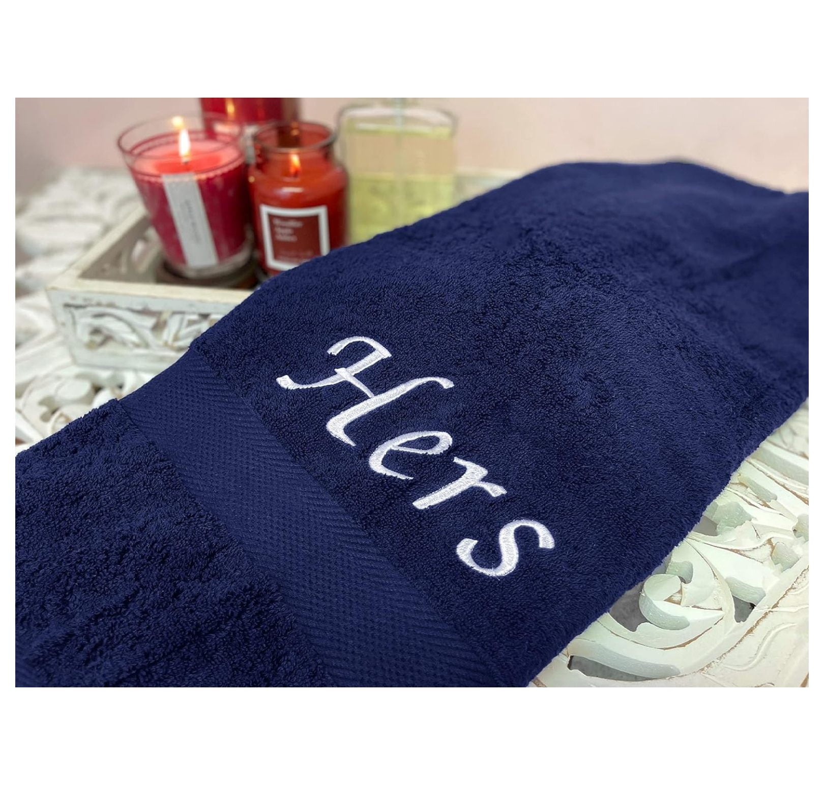 His & Hers Embroidered Cotton Bath Towels. Bath Towels Set Includes: 1 His Bath Towel and 1 Hers Bath Towel. (Dark Blue)