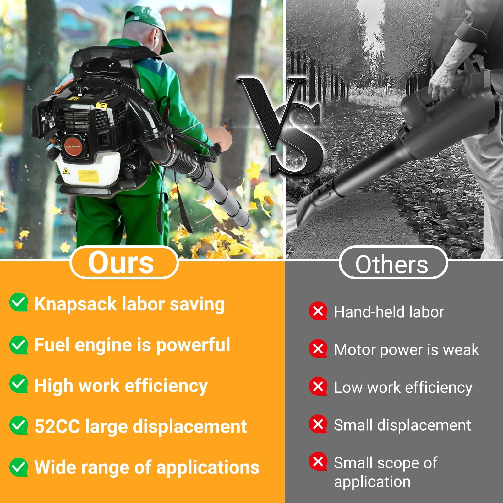AQMD 52CC Gas Powered Backpack Leaf Blowers, 550CFM 2-Stroke 1.7HP Snow Leaf Blowers for Lawn Care Yard Dust Debris, Black