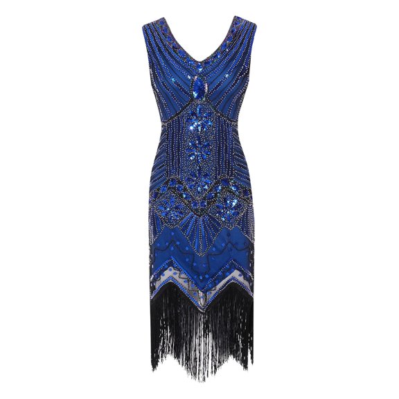 Juosiy Women Vintage Flapper Dresses Fashion V Neck Beaded Fringed Sleeveless Dress