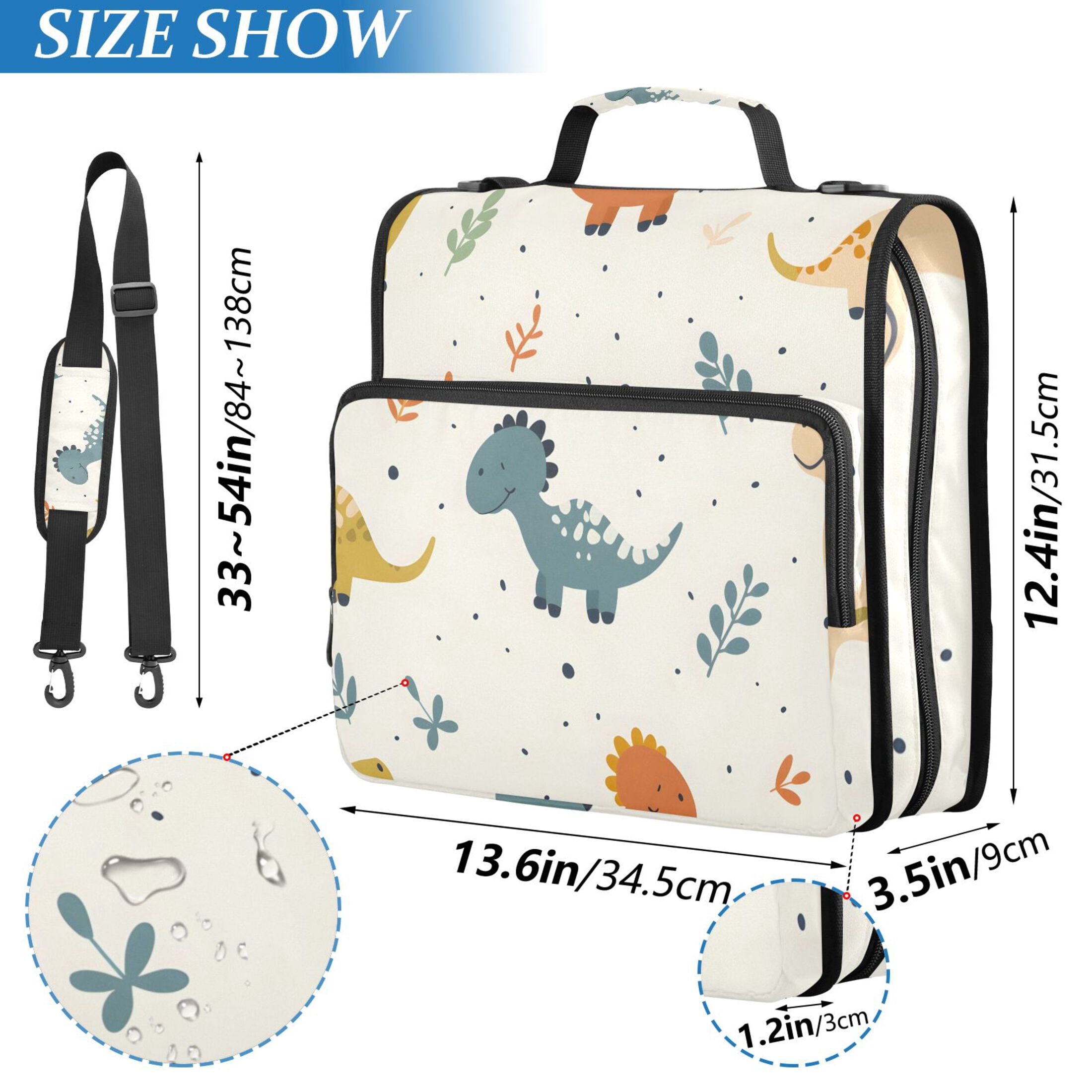 3 Ring Zipper Binder with Shoulder Strap Waterproof Trapper Keeper 2 Inch D-Ring 500 Sheets Capacity Cartoon Dinosaurs with Leaf