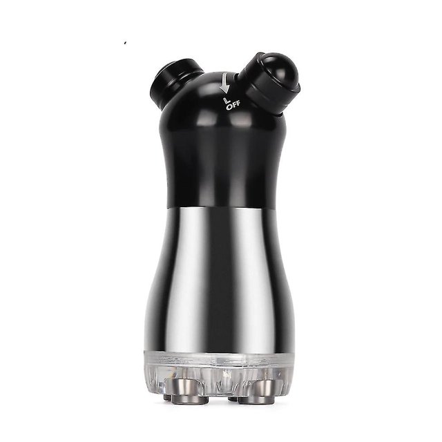 kit de cuidado de la piel antienvejecimiento, masajeador de radiofrecuencia RF dispositivo RF negro y plateado en vista frontal centrada, cuerpo metálico curvado con cabeza de doble sonda y base transparente con contactos visibles, compacto 110 x 45 mm y 200 g; indicado en especificaciones para terapias LED y a menudo usado para masaje facial y reafirmar zonas pequeñas.