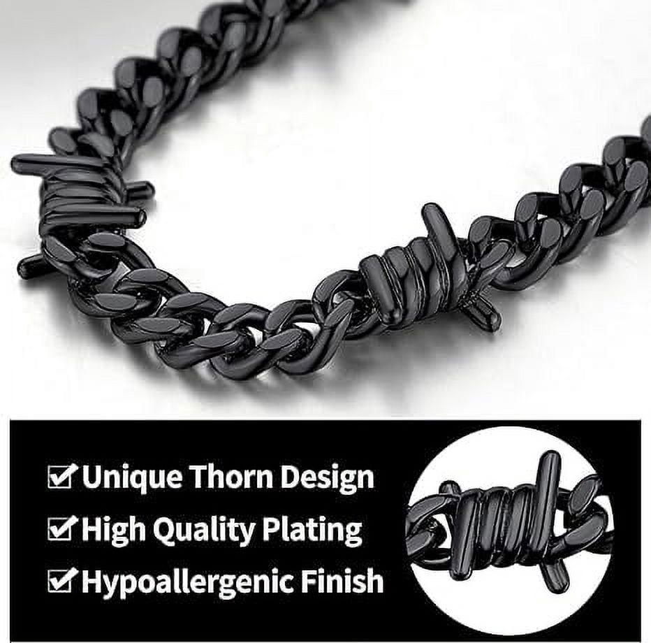 ChainsHouse Black Barbed Wire Necklaces for Men Women Punk Thorns Chain Necklace 9mm Width Chunky Chains Jewelry Gift, 16 inch