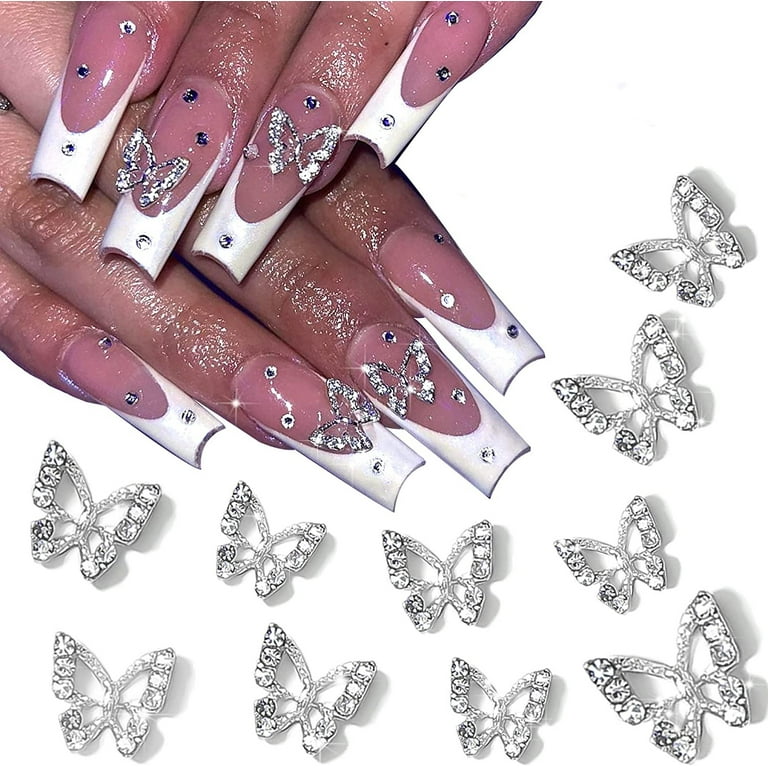 90 PCS 3D Butterfly Nail Rhinestones Charms Sliver Metal Acrylic Nail Art  Alloy Shiny Crystals Gems Diamonds Nail DIY Jewels Accessories Design  Supplies Decoration Set Sliver Butterfly