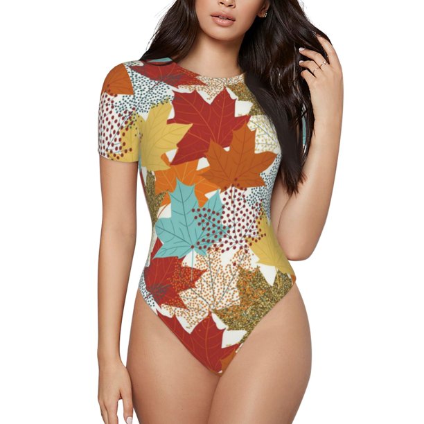 Balery Fall Maple Leaves Body de cuello redondo de manga corta para mujer Tops de manga corta Tops básicos-Large