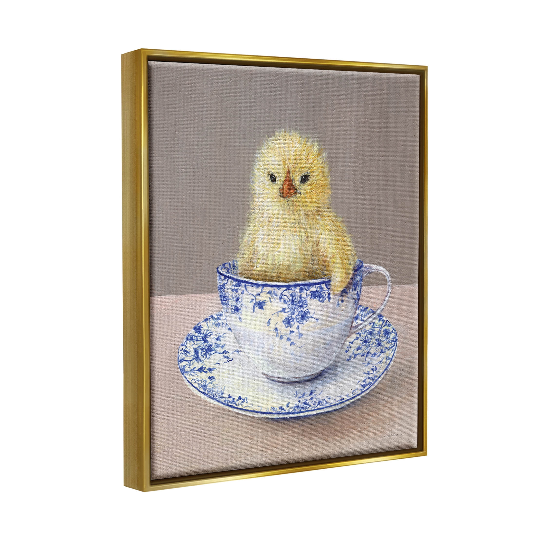 Stupell Industries Baby Chick Ornate Teacup Mug Painting Metallic Gold Floating Framed Canvas Print Wall Art, Design by Kamdon Kreations